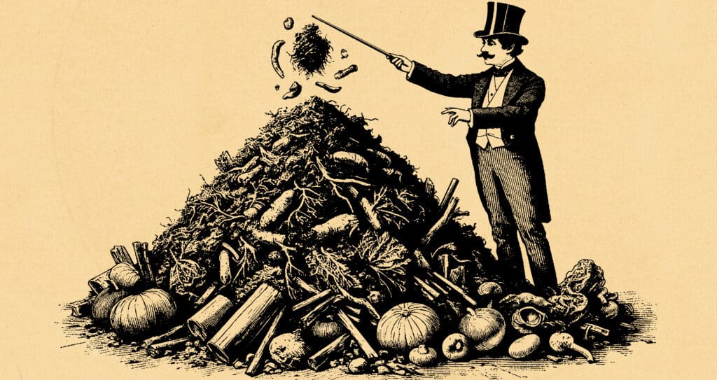 A magician conjures the essence of organic compost magic, turning everyday scraps into a lush bounty for the garden.