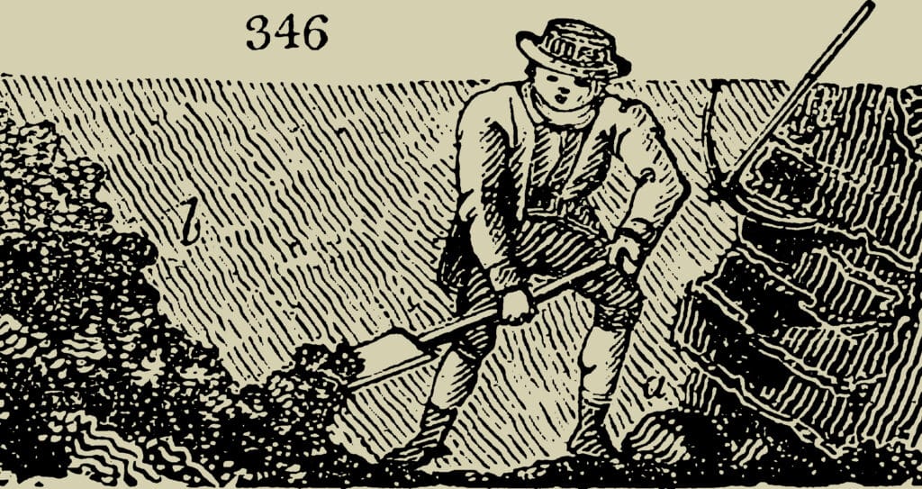 A person in vintage clothing is shoveling soil, working on a blend of sand, silt, and clay.