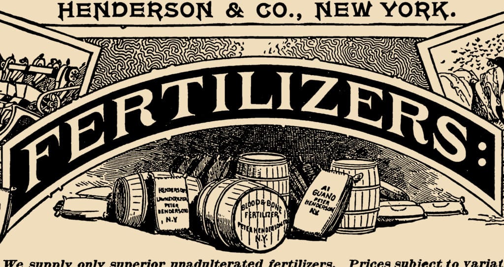 A vintage advertisement displaying various types of fertilizer barrels and bags, hinting at the historical evolution of fertilization techniques.