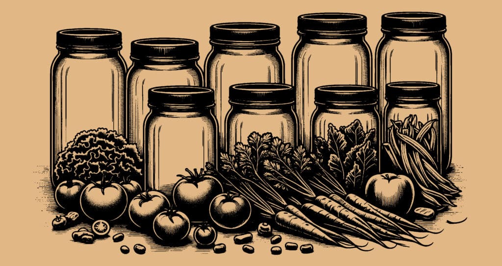 Glass jars surrounded by tomatoes and leafy greens illustrates the potential of sustainable fertilization techniques, embodying the principles of Korean Natural Farming.