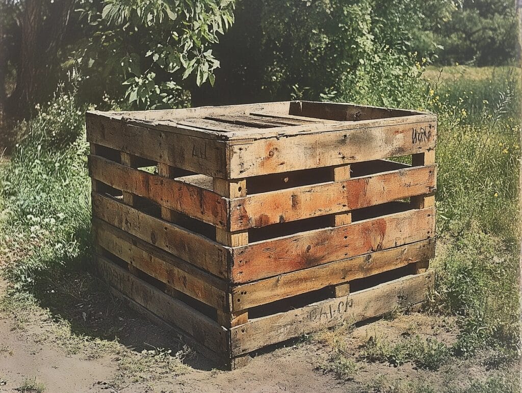 A backyard compost bin constructed from wooden pallets and plywood