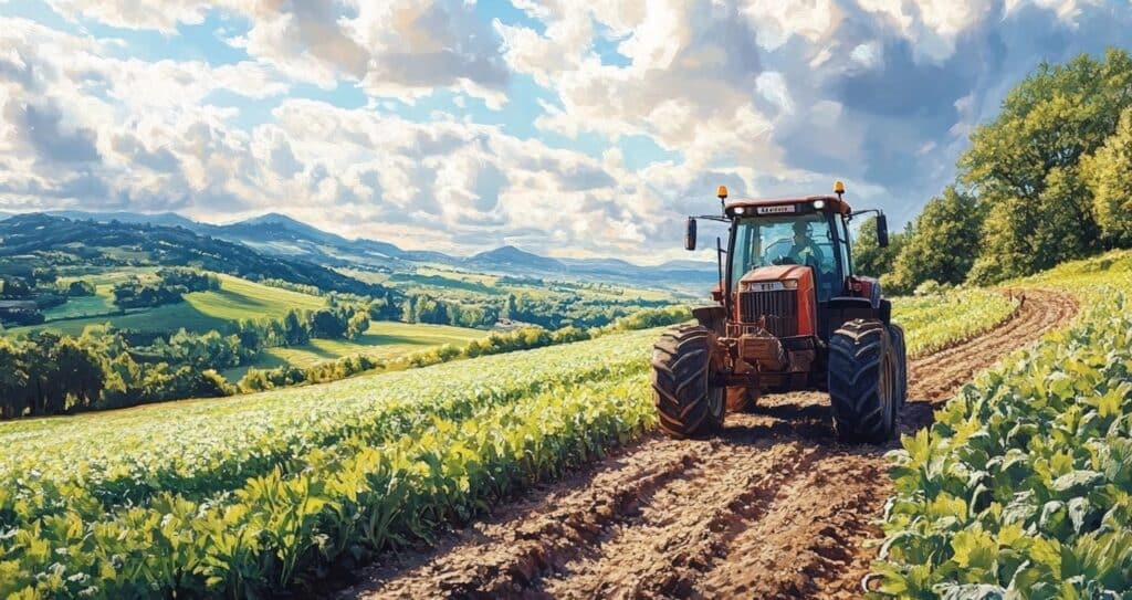 A tractor working in a lush European agricultural field, highlighting the importance of subsoil health in supporting sustainable farming practices and promoting nutrient cycling—key objectives of projects like DeepHorizon.